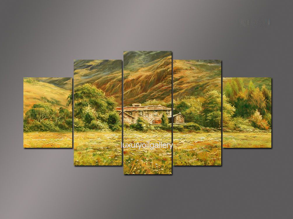 ציור חמישה חלקים של בית בשדה חיטה למרגלות ההר 